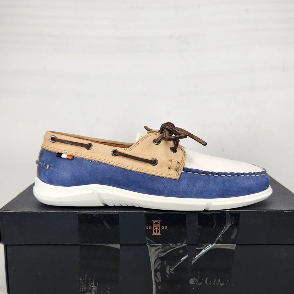 Allen Edmonds Miles Boat Shoe Men Size 9 Blue Tan White Leather Suede Casual